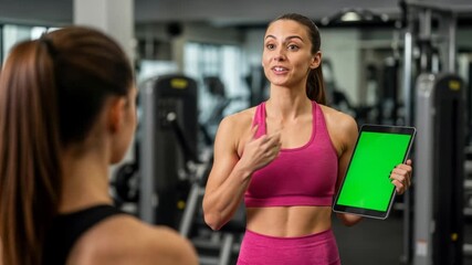 Female personal trainer showing digital tablet with green screen to client in gym for editable sports and fitness content.