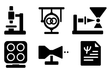 Quantum Research Icons. Solid style icons of quantum research environment: Lab Instrument, Entanglement Chamber, Cold Atom Trap,