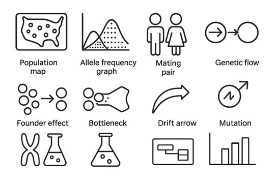 Population Genetics Icons. Line style icons of Population Genetics: population map, allele frequency graph, mating pair, genetic