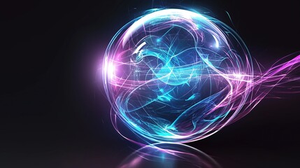 Obraz premium Glowing blue and purple sphere on a black background, featuring an egg-shaped glowing lines core, realistic details, and vivid holographic glow with striking light effects for a futuristic look.