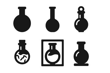 Uroscopy Flask Icons. Solid style icons of uroscopy flask variations: Round Bottom, Long Neck, Stoppered Top, Hanging Loop, Etched