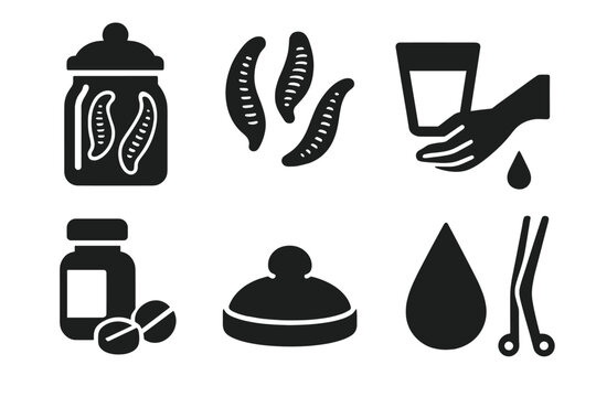 Vintage Medicinal Icons. Solid style icons of Vintage Medicinal Instruments: Leech Jar, Leeches, Glass, Bloodletting, Medicine,