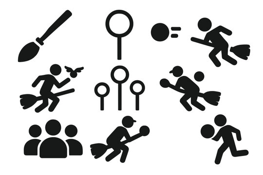 Fantasy Game Icons. Solid style icons of Fantasy Team Game: Broomstick, Hoop, Bludger, Snitch Runner, Goal Post, Player, Team,