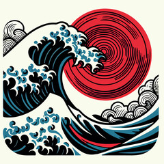 Japanese wave with red sun wave logo hand drawn japanese oriental style