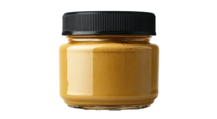 Glass jar with black lid filled with creamy spread