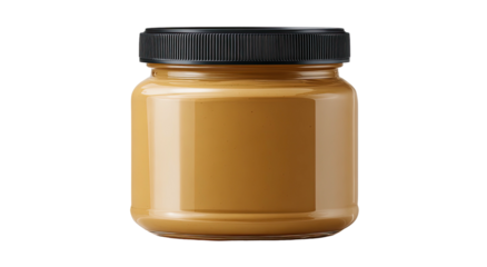 A jar filled with creamy, smooth peanut butter against a black background