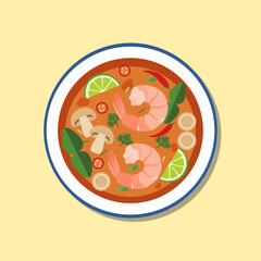 Top view illustration of spicy Tom Yum shrimp soup bowl