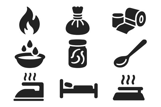 Vintage Healing Icons. Solid style icons of vintage healing methods: Cauterization Flame, Herbal Compress, Bandage Wrap,