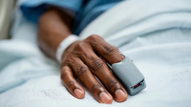 Close-up of a patient&rsquo;s hand wearing a pulse oximeter in a hospital bed, monitoring oxygen levels and health condition.