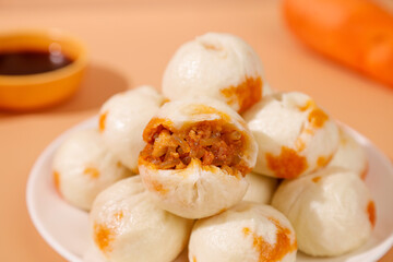 Traditional Chinese Steamed Buns with Carrot Filling - Authentic Asian Bao Cuisine Showcase