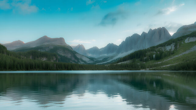 Serene mountain lake reflecting jagged peaks under blue sky - Powered by Adobe