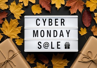 Embrace Incredible Savings Cyber Monday Sale Announcement with Autumn Leaves and Festive Gift Boxes