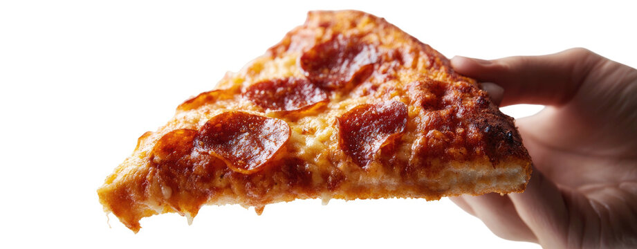 A hand holds a slice of pepperoni pizza against a black background