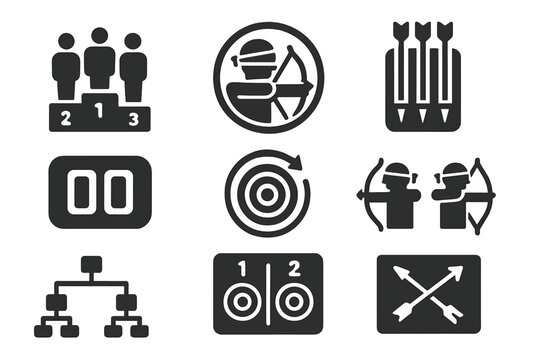Blindfold Archery Icons. Solid style icons of competitive blindfold archery: tournament podium icon, blindfold match badge, arrow