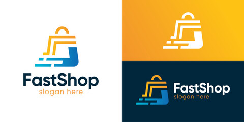 Creative modern fast shop logo template. Shopping bag with abstract letter F for Online shop logo design vector illustration.