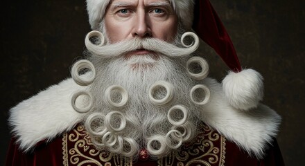 A closeup portrait of a distinguished santa claus with a meticulously styled beard and mustache, wearing his iconic red suit
