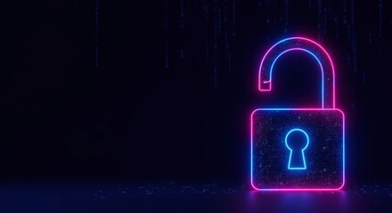 Glowing neon padlock illustration symbolizing cybersecurity, data protection, and digital security in a dark abstract background with binary code effect, highlighting safety and access
