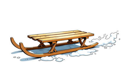 Vintage wooden sled sketch kicking up snow, rustic tones, embodying nostalgic winter fun on transparent background with copy space