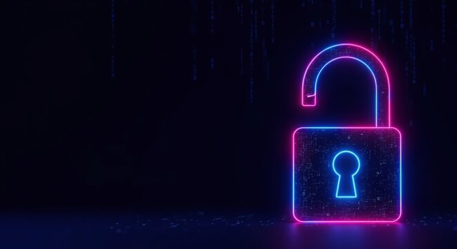 Glowing neon padlock illustration symbolizing cybersecurity, data protection, and digital security in a dark abstract background with binary code effect, highlighting safety and access