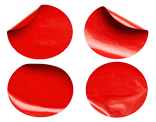 Four red, rounded shapes with peeling corners on black