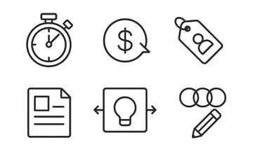 Fototapeta premium Design Challenge Icons. Line style icons of design challenges in courses: time-boxed timer icon, budget constraint symbol, user