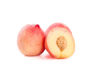 Fresh Summer Peaches Cut in Half on White Background - Ripe Fruit Photography