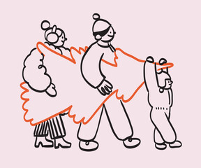 Vector illustration in trendy playful whimsical style. Christmas New Year prints, invitation card, winter market banner or poster with funny friendly mascot characters, family hold christmas tree.