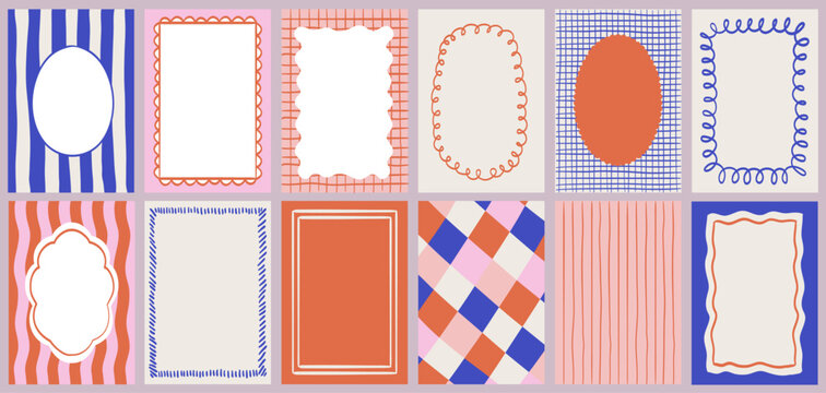 Set of hand drawn frames with wavy squiggle curly edges and colorful backgrounds. Borders with abstract wavy lines and retro checkered patterns for invitations, posters, social media templates decor.