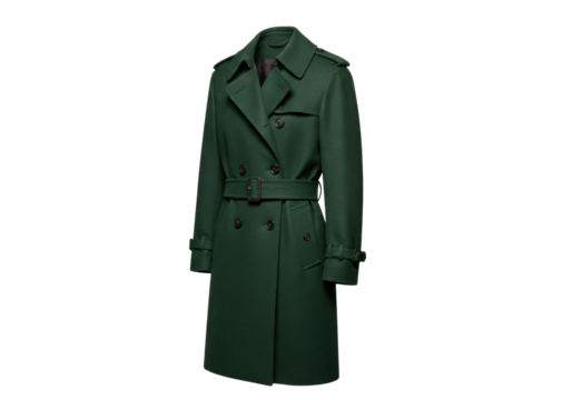 Isolated double-breasted belted trench coat in dark green, classic outerwear for fall weather