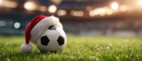 Soccer ball with red Santa hat on green field under golden sunset, symbol of festive sports spirit and Christmas celebration, perfect for holiday marketing and athletic brand campaigns