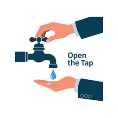 Close up of a person in a dark blue suit turning on a dark blue faucet with a single blue water drop falling vector illustration.