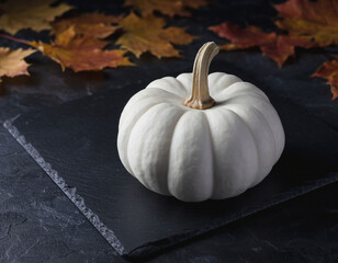 White Pumpkin on Slate Surface with Autumn Leaves—Minimal Thanksgiving and Harvest Still Life