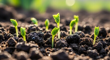 New life emerges from the soil as tiny green sprouts push through the dark earth, symbolizing growth and renewal.