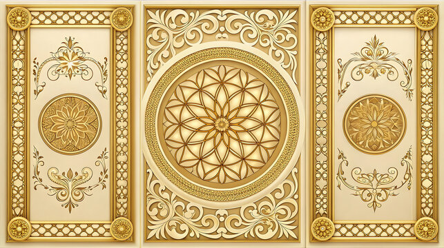 Intricate golden geometric patterns on three panels