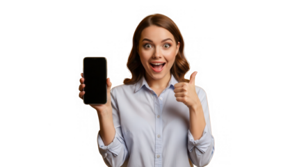 Smiling young woman showing blank smartphone screen and thumbs up isolated on transparent background