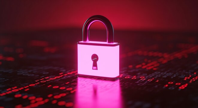 A pink padlock glowing intensely on a dark, red-lit background of digital code, symbolizing security, data protection, and cybersecurity in the digital age - Powered by Adobe