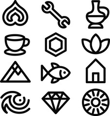 Abstract Botanical Icon Set &ndash; Black Line Vector Symbols of Leaves, Seeds, and Floral Shapes for Design and Branding