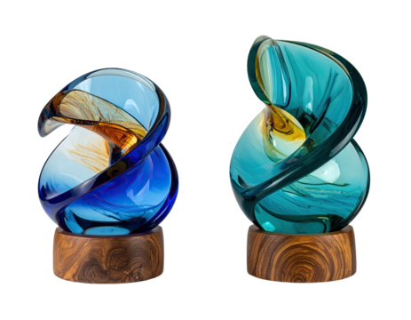 Glass sculptures swirl, blue/gold hue, wood bases