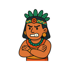 Angry Mayan character illustration. Ancient civilization cartoon man crossing arms. Fierce native Mayan warrior expression.