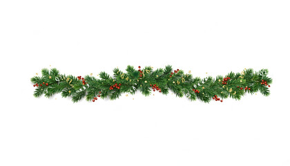 Christmas tree garland isolated on white. Realistic pine tree branches with golden confetti decoration