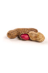 Fresh Peanuts in Shell with Red Skin Revealed on White Background