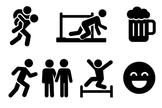 Wife Carrying Fun. Solid style icons of Competitive Fun Sport: Wife Carrying, Obstacle Course, Estonian Carry, Prize (Beer),