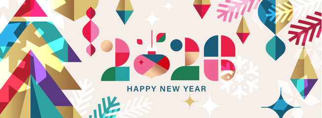 2026 Merry Christmas, Season's Greeting and Happy New Year vector illustration for greeting cards, posters, holiday cover in modern minimalist geometric style.

