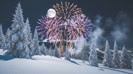 Snowy winter night with fir tree forest under full moon and colorful fireworks lighting up cold sky, creating festive celebration and magical winter scene filled with snow and fir trees - Powered by Adobe
