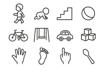 Fototapeta premium Motor Skills Icons. Line style icons of Motor Skills: Walking Child, Crawling Baby, Stairs, Ball; Bicycle, Swing, Toy Car, Blocks;
