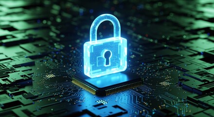 Glowing digital padlock icon representing cybersecurity, network security, and online data protection on a futuristic circuit board background