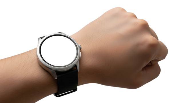 Modern silver smartwatch on a wrist isolated on transparent background