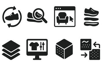 3D Product Icons. Solid style icons of 3D product previews: spinning product icon, zoom-in detail view, model customization screen