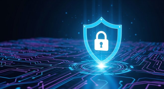 Digital security shield with glowing padlock icon, representing data protection, cyber safety, and network encryption on a circuit board background