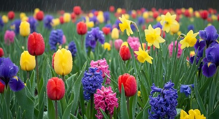 Vibrant Spring Flower Meadow with Tulips Daffodils and Hyacinths.